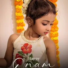 Celebrating Onam in style with our hand-painted hibiscus lehenga. The traditional colors and floral art perfectly complement the festive atmosphere, creating beautiful memories.