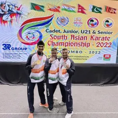 A proud moment, winning Gold for Team India in the Senior Male Team Kumite at the South Asian Championship. Success is a team effort, built on shared dedication and hard work.