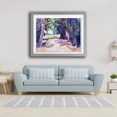 A 22x30 inch watercolor painting on handmade paper, shown here in a living room setting, capturing a peaceful path through the trees.