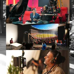 This behind-the-scenes collage from the Campa ad shoot shows our crew collaborating within a cutting-edge virtual studio. Our sound engineers are experienced in working with new technologies, ensuring seamless audio integration no matter the production environment.
