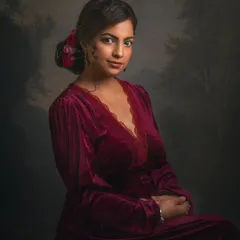 Inspired by the Grand Manner era of portraiture, this image combines a classic pose with a painted landscape backdrop. Divya's velvet dress and the soft, directional light create a vintage, romantic feel, transforming a simple portrait into a timeless piece of art.