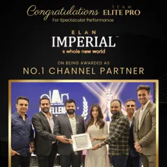 We were honored to be named the No. 1 Channel Partner by the Elan Group, with appreciation from celebrity Nora Fatehi. This award underscores our leadership in sales and marketing for premier real estate projects.