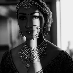 A powerful black and white bridal portrait, where the play of light and shadow creates a dramatic, high-contrast image that emphasizes the bride's striking features.
