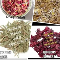 I provide a complete range of raw materials for making your own bath bombs and bath salts. This image shows some of the key ingredients like dried rose petals, lemongrass, and hibiscus flowers.