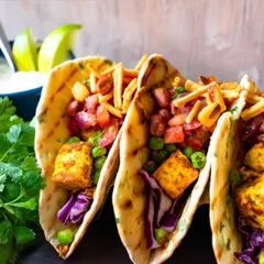 Our fusion tacos are always a party hit. Here, we've filled soft naan-style bread with paneer tikka and fresh salad, creating a delightful Indian-Mexican crossover dish.