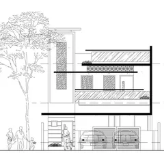A stylized 2D elevation drawing that includes human figures and a car for scale. This type of drawing helps to communicate the building's relationship to its users and its overall proportions in a more relatable way.
