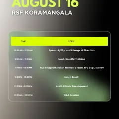 Here is the schedule for Day 2 of our Professional Development Camp at RSF Koramangala. The agenda includes sessions on speed and agility, sport-specific training, and a case study on the S&C blueprint for the Indian Women's Team's AFC Cup journey.