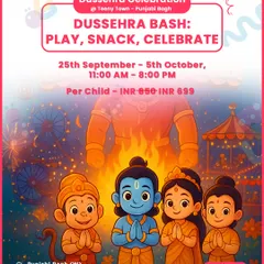 A promotional poster for a Dussehra Bash at Teeny Town, Punjabi Bagh. My card gives you discounted access to festive celebrations that include play, snacks, and cultural fun.