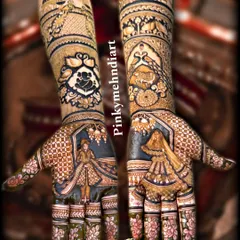 A fully customized bridal mehndi for a beautiful bride. One hand features a classic bride portrait under a veil, while the other shows the groom's grand entry. The arms are decorated with the London skyline and other personal motifs.