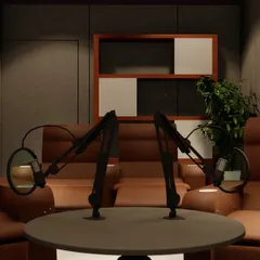 The view from the host's perspective. The comfortable chairs and professional equipment create an ideal environment for recording long-form content.