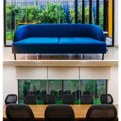 A split view of the Prestige office, showing the comfortable lounge area alongside the formal conference room. This highlights our ability to design multi-functional workspaces that cater to both collaborative and focused work.