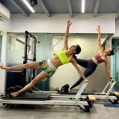 It's always a pleasure to train dedicated individuals like Sara Ali Khan. Here we are, working on the star exercise on the reformer, firing up the core and building that lean, functional strength that Pilates is known for.