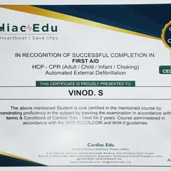 My certificate of successful completion in First Aid, CPR, and Automated External Defibrillation.