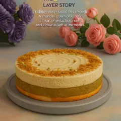 This is our Pistachio Kunafa Cake, a fusion dessert where tradition meets modern elegance. It features a soft base, a heart of silky pistachio cream, and a crunchy crown of golden-baked kunafa, offering a delightful mix of textures and flavors.