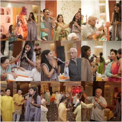 This collage captures the essence of my work at wedding events. You can see me interacting one on one with guests, getting family members to sing along, and making sure the entire hall is filled with laughter and energy.