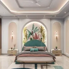This bedroom features a vibrant tropical mural set within an elegant arch, creating a stunning focal point. The integrated lighting highlights the colors and adds a warm, inviting glow.