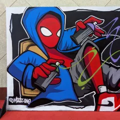 My finished Spider-Man piece from a live painting session at Bangalore Comic-Con. It shows Spidey in a hoodie, holding spray cans, blending my world with his.