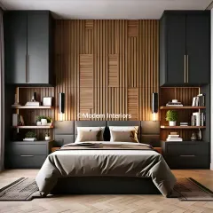 We create serene master bedrooms that are both stylish and functional. This design features a dramatic fluted wood accent wall, symmetrical built-in wardrobes with integrated nightstands, and warm ambient lighting for a cozy, luxurious feel.