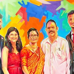 A large family portrait on a 2 by 3 feet canvas. I combined multiple references to paint all five family members together in my colorful style.