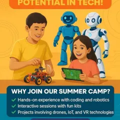 Our summer camps are designed to unleash your child's potential in tech. We offer hands-on experience with coding, robotics, drones, IoT, and VR for kids and teens from 7 to 17.