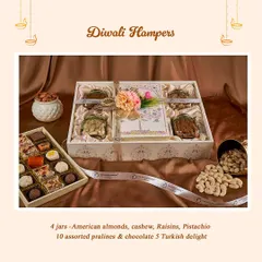 This beautifully arranged gift box is perfect for grand festive gestures. It contains four jars of assorted dry fruits, including American almonds and pistachios, plus 10 assorted pralines and 5 pieces of Turkish delight.