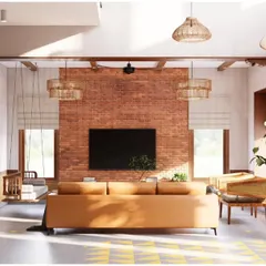 This render shows the view from the courtyard into the living space of the South Bangalore duplex. The design uses Kota stone flooring and a central tree to create a seamless connection between the interior and a natural, earthy feel.