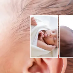 A beautiful collage focusing on the delicate details of a newborn, from their soft hair to their tiny, expressive mouth.