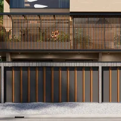The ground level of the 18th Avenue House, showing the integration of the gate and boundary wall into the overall architectural language. The design ensures privacy from the street while hinting at the green, open spaces within.