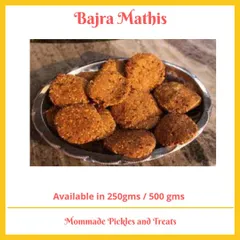 For those looking for a healthier, gluten-free option, I make these Bajra Mathis. Made from pearl millet and sesame seeds, they are wonderfully crisp and packed with nutrients. Now everyone can enjoy a tasty snack, 'jee bhar ke khao'.