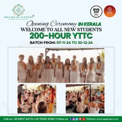 A warm welcome to our November batch for the 200-hour YTTC in Kerala. This collage shows the opening ceremony, where new students are greeted with warmth and tradition.