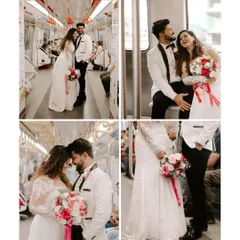 A collage of a newly married couple inside a Mumbai metro train. These portraits are fun, candid, and modern, showing that beautiful wedding photos can be created anywhere in the city.