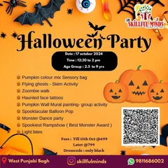Our Halloween Party poster for the West Punjabi Bagh location, featuring a pumpkin sensory bag, a monster dance party, and a spookiest ramp show. The dress code is all black for extra fun.