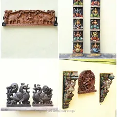 A collage showcasing the variety of our work, from Gajalakshmi panels and vertical Dasavatharam carvings to peacock statues and decorative brackets, all ready to elevate your interior space.