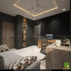 An office room designed for focus and productivity. The dark, textured walls help to minimize distractions, while the large wooden desk provides ample workspace.