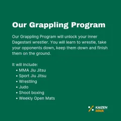 Our grappling program is designed to unlock your inner wrestler. You will learn a complete system including MMA Jiu-Jitsu, Sport Jiu-Jitsu, Wrestling, and Judo to take opponents down, keep them down, and finish the fight.