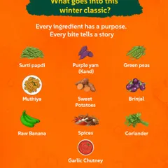 Here’s a look at exactly what goes into our winter classic, Undhiyu. Each ingredient has a role, from the fresh Surti papdi and green peas to the earthy purple yam (kand) and sweet potatoes. We also add homemade muthiya, raw banana, and a blend of spices to create that authentic flavour.
