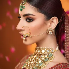 The profile view of this regal bride, showcasing the intricate hair, makeup, and jewelry.