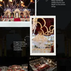 This collage showcases the creation of a regal mandap, brought to life with gold arches, cascading crystal chandeliers, and deep red florals. The design culminated in a dramatic firework display, adding a touch of spectacle to the sacred ceremony.