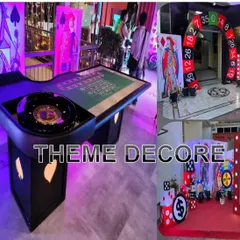 A collage showcasing the variety of theme decor I provide, from casino and roulette-themed entrances to Mickey Mouse party setups. I can create a custom look for any theme you can imagine.