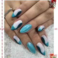 Inspired by ocean waves, this design features flowing abstract shapes in teal, dark blue, and white on glossy almond nails. It's a modern and artistic take on nail art.