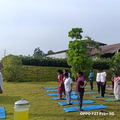 Guests participating in a guided yoga class on our lawn. These sessions are suitable for all levels and focus on gentle movements and correct alignment to support the detoxification process.