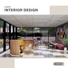 Here is a wide view of a modern cafe interior I designed. The goal was to create a dynamic yet comfortable atmosphere by using large glass walls for natural light, a mix of seating options like curved booths and intimate tables, and a bold, geometric floor pattern to guide customer flow.