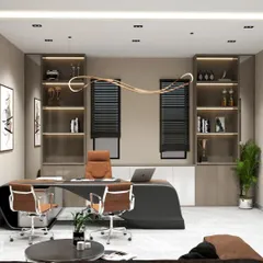 This is a 3D concept render for a modern Managing Director's cabin in Gurgaon. We focus on creating executive spaces that blend authority with elegance, using clean lines, premium materials, and sophisticated lighting to design an environment built for success.
