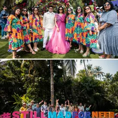 This collage captures the vibrant, tropical theme of a 25th-anniversary party. It shows the bridesmaids in matching colorful dresses and a fun group photo with the custom #StillMadForNeer hashtag installation.