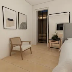 A perfect example of serene simplicity. This Scandinavian bedroom corner features a cane armchair and minimalist art, creating a tranquil retreat that symbolizes timeless beauty and modern comfort.