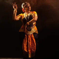 A full-length view of the Bharatanatyam costume, showcasing the traditional draping and jewelry in a dynamic dance posture against a smoky, atmospheric background.