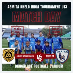 Match Day announcement for our U13 girls in the Asmita Khelo India Tournament at Bangalore Football Stadium.