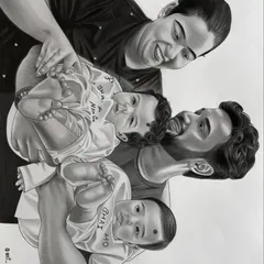 A beautiful family captured in a custom A3 charcoal sketch. I focused on the joyful interactions between the parents and their twin babies, creating a piece full of love and connection.
