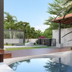 This view highlights the water elements in our garden design. A cascading water wall provides a soothing backdrop, while the main pool reflects the sky and surrounding trees. The layout ensures a tranquil atmosphere from every angle.