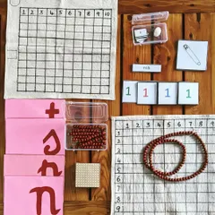 Each at-home kit is a treasure box of discovery, carefully prepared and handmade by me. This particular set includes materials for both math and language, like bead chains for counting, number cards, and phonetic object cards. It provides everything you need to bring a rich, hands-on learning environment into your home.
